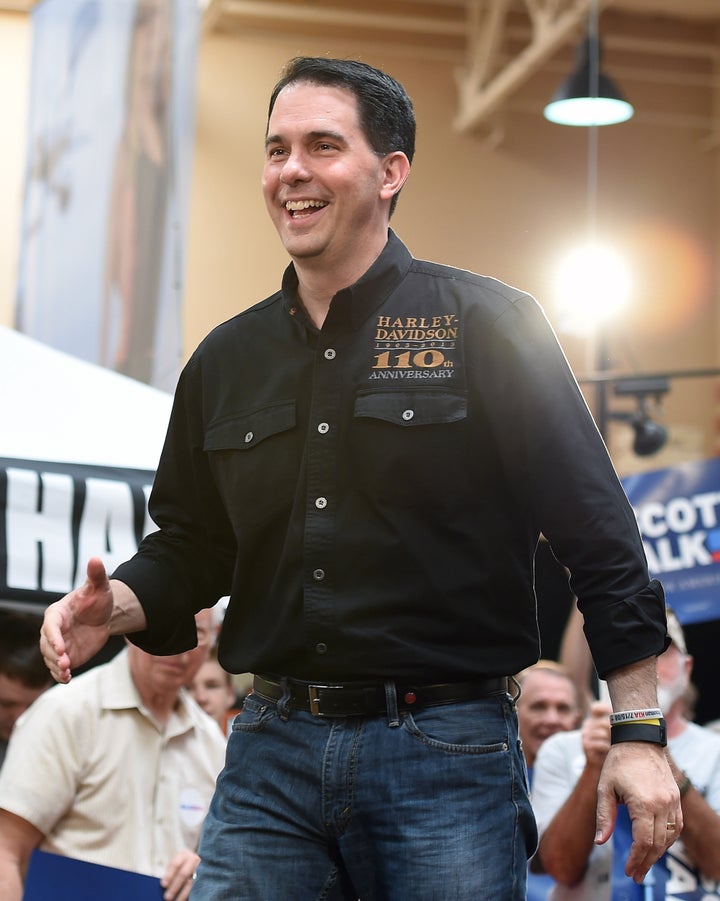 LAS VEGAS, NV - JULY 14: U.S. presidential candidate and Wisconsin Gov. Scott Walker speaks at Red Rock Harley-Davidson on J