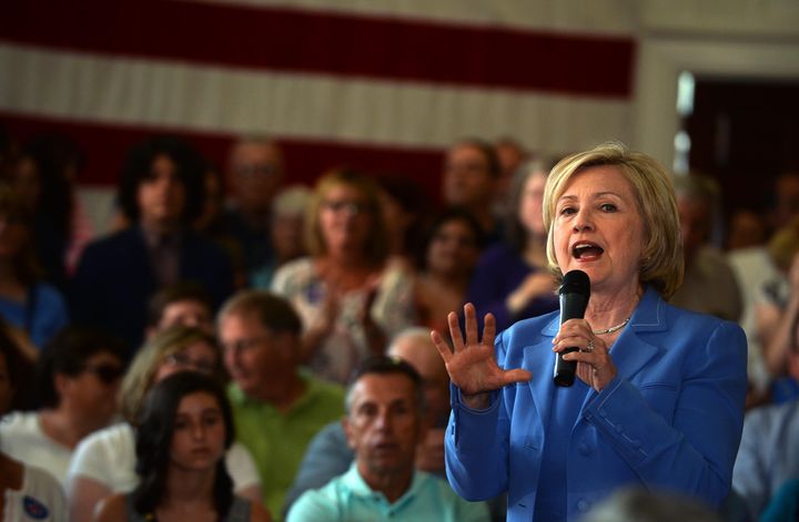 DOVER, NH - JULY 16: Democratic Presidential candidate Hillary Clinton speaks during a town hall event at Dover City Hall July 16, 2015 in Dover, New Hampshire. Clinton spoke about how to build an economy that will boost the middle class. (Photo by Darren McCollester/Getty Images)