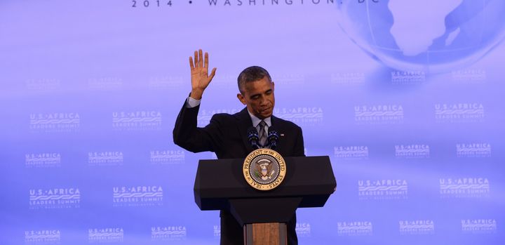 US President Barack Obama waves as he finishes a press conference at the end of the US-Africa Leaders Summit in Washington, DC, on August 6, 2014. Obama said African leaders had agreed to make the summit a recurring event. AFP PHOTO/Jewel Samad (Photo credit should read JEWEL SAMAD/AFP/Getty Images)