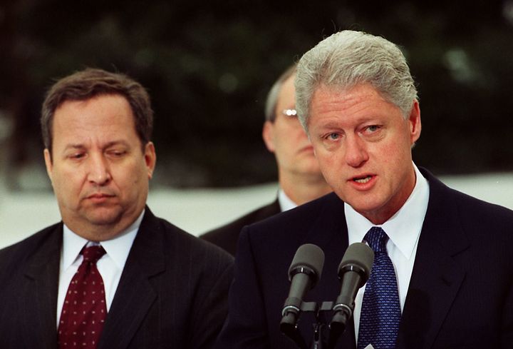 WASHINGTON, DC - FEBRUARY 4: US President Bill Clinton makes a statement on new gun control measures as US Treasury Secretary Lawrence Summers (L) looks 04 February, 2000 at the White House in Washington, DC. Clinton is giving federal agents the power to crack down on gun dealers and pawnbrokers who sell the largest share of weapons used in crimes. (Photo credit should read GEORGE BRIDGES/AFP/Getty Images)