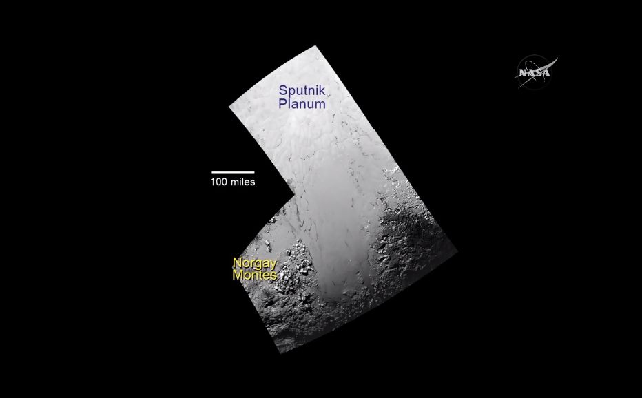 <p>Section of Pluto's surface showing newly named mountains.</p>