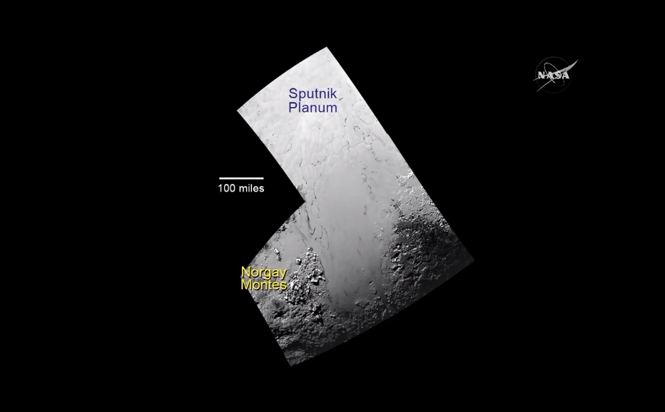 Section of Pluto's surface showing newly named mountains.