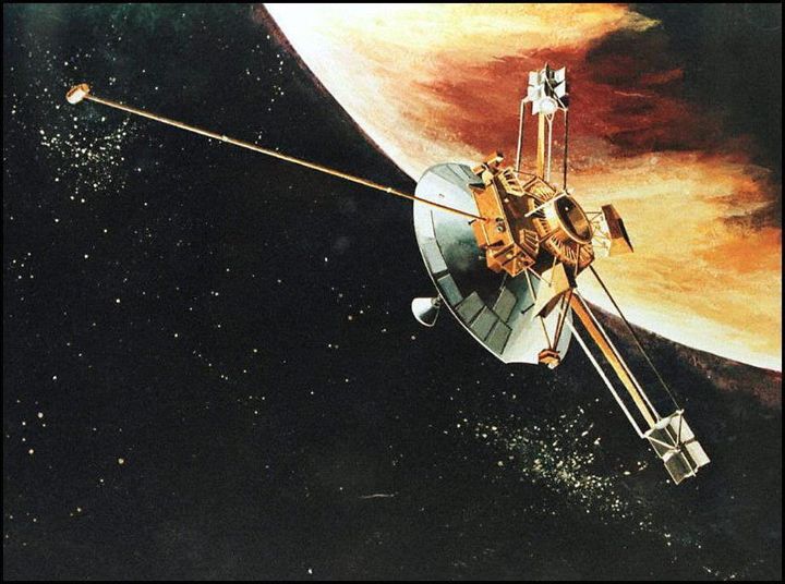 MOUNTAIN VIEW, UNITED STATES: This is an artist rendition of the Pioneer 10 spacecraft as it passes the planet Jupiter. Today, marks the end of the United Sates' longest running space program which began over twenty-five years ago as NASA Ames Research Center received the last data transmision 31 March in Mountain View, California. JOHN G. MABANGLO/AFP PHOTO (Photo credit should read JOHN G. MABANGLO/AFP/Getty Images)