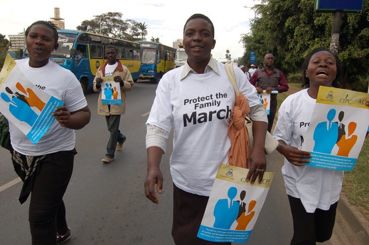 Demonstrators marched against homosexuality along Nairobi's Uhuru Highway on July 6, 2015. They chanted in support of the fam