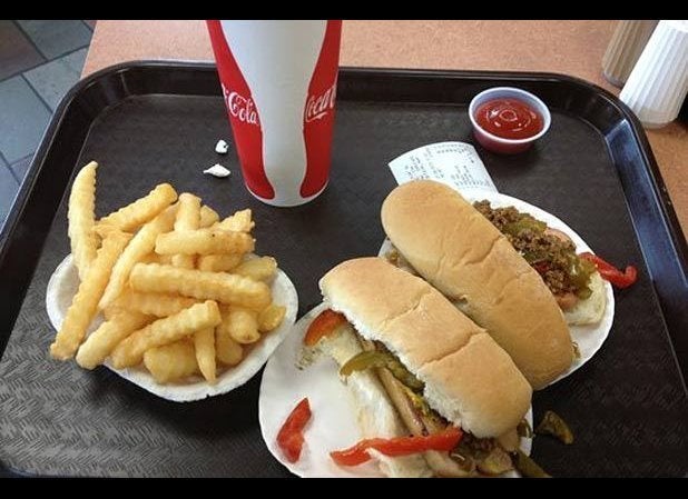 5) Schaller’s Drive-In, Rochester, N.Y.: Meat Sauce, Mustard, Onions