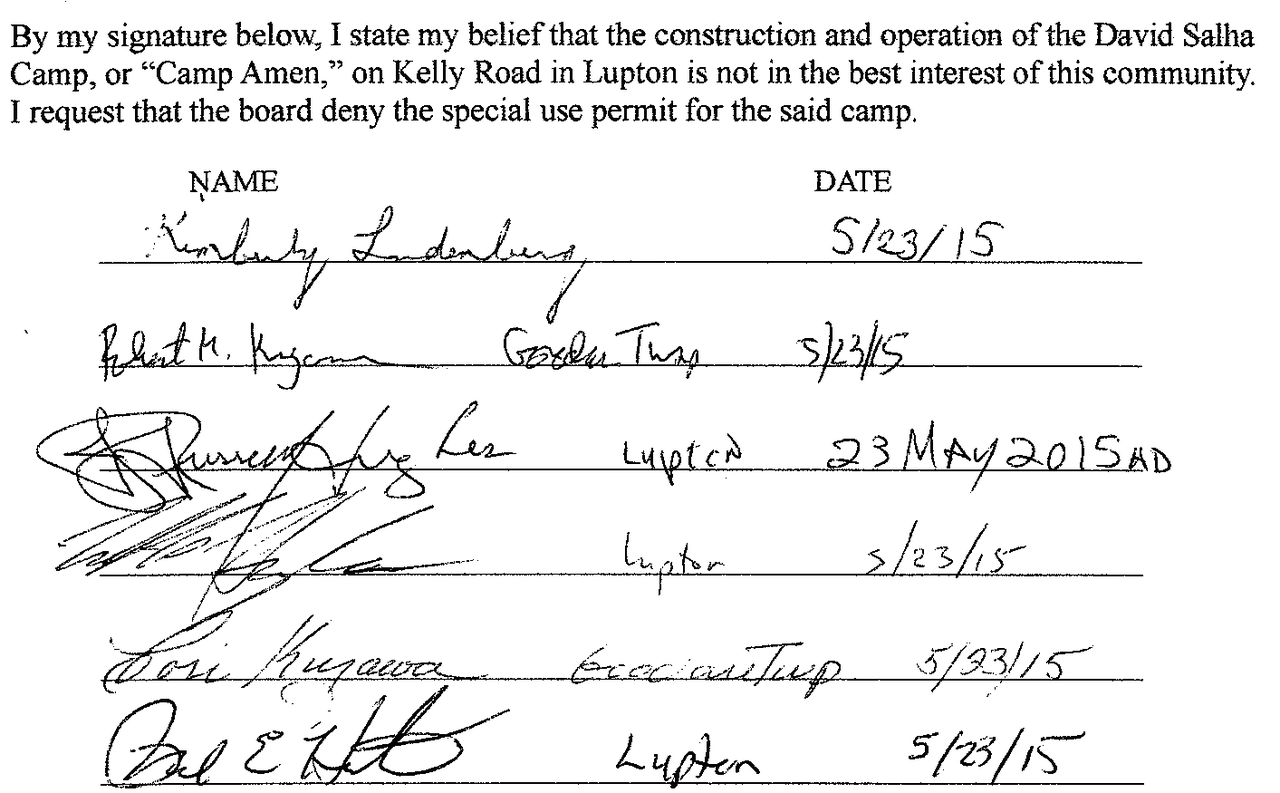 A petition against David Salha's camp proposal was signed by 150 people and delivered to the planning commission.