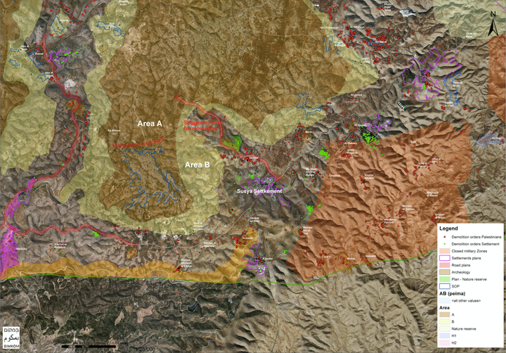 <p>A map centered on Susiya. Red dots indicate planned demolitions of Palestinian structures.</p>