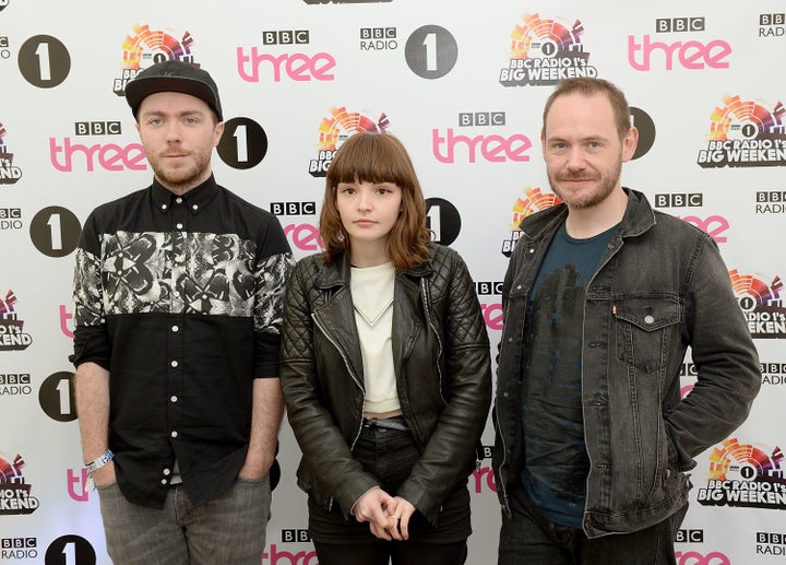 Martin Doherty, Lauren Mayberry and Iain Cook attend Radio 1's Big Weekend at Glasgow Green on May 25, 2014 in Glasgow, Scotland.