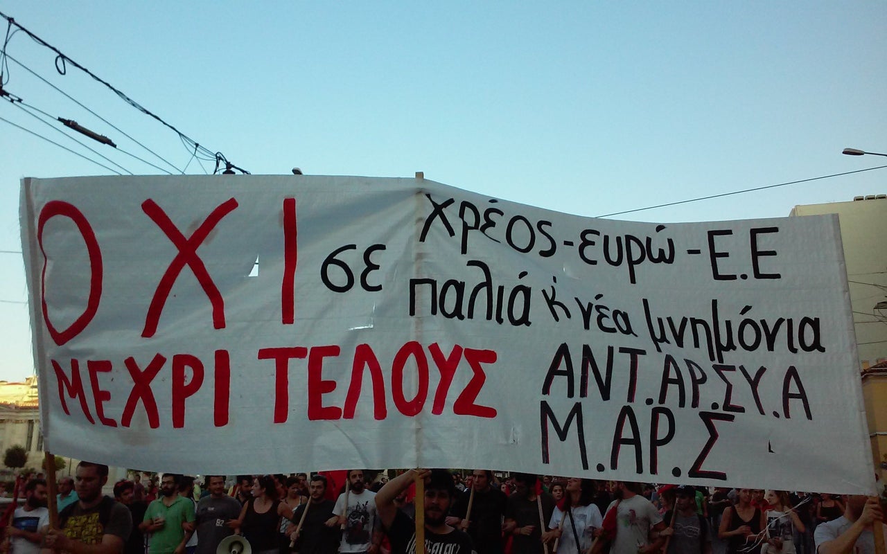 <p><span style="font-family: Arial, Helvetica, sans-serif; font-size: 14px; line-height: 20px; background-color: #eeeeee;">Another banner held by ANTARSYA demonstrators reads "NO UNTIL THE END."</span></p>