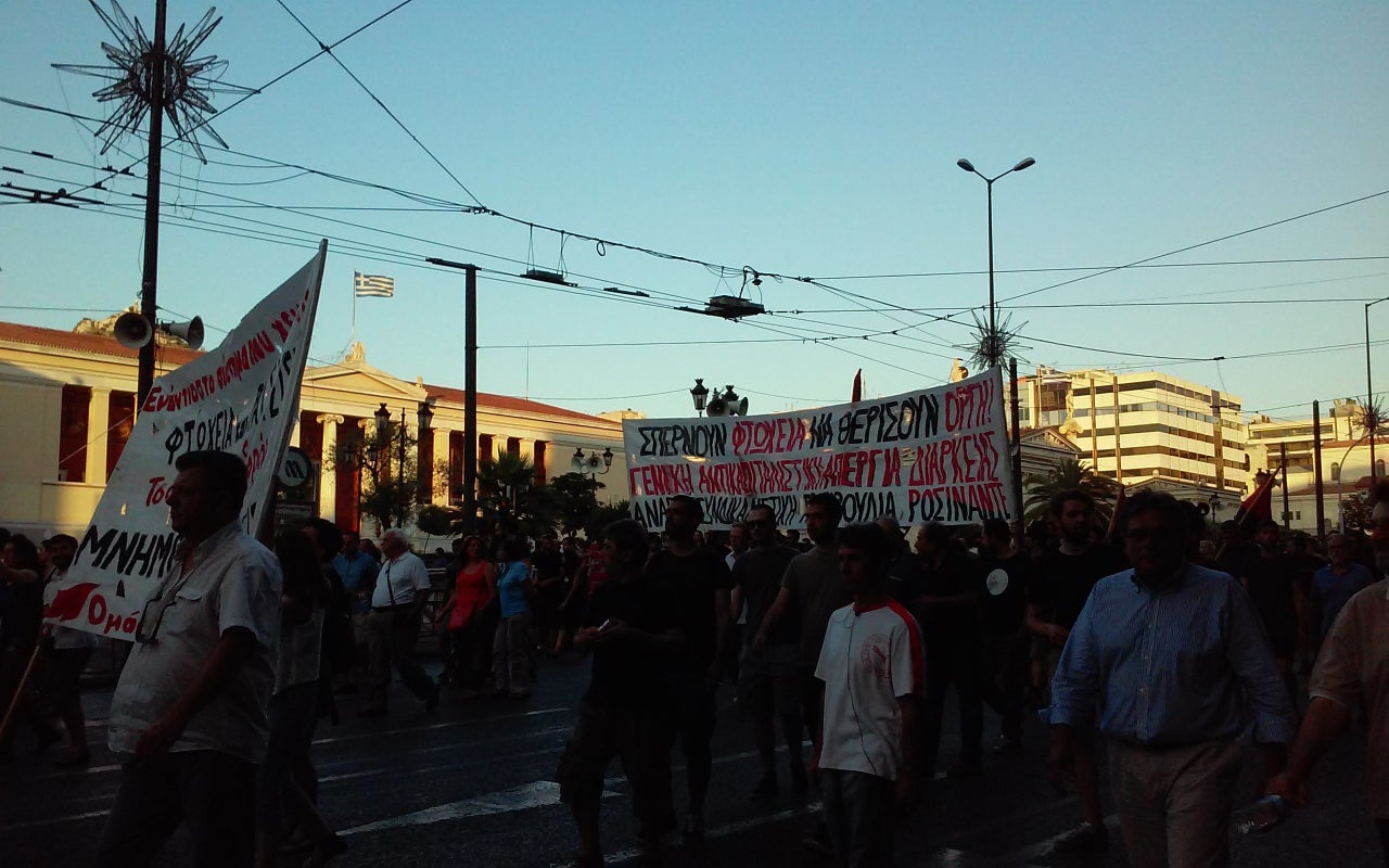 Protesters converge on Syntagma Square in Athens on July 22, 2015.