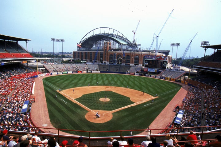 Milwaukee County Stadium, with an under-construction Miller Park in the background.
