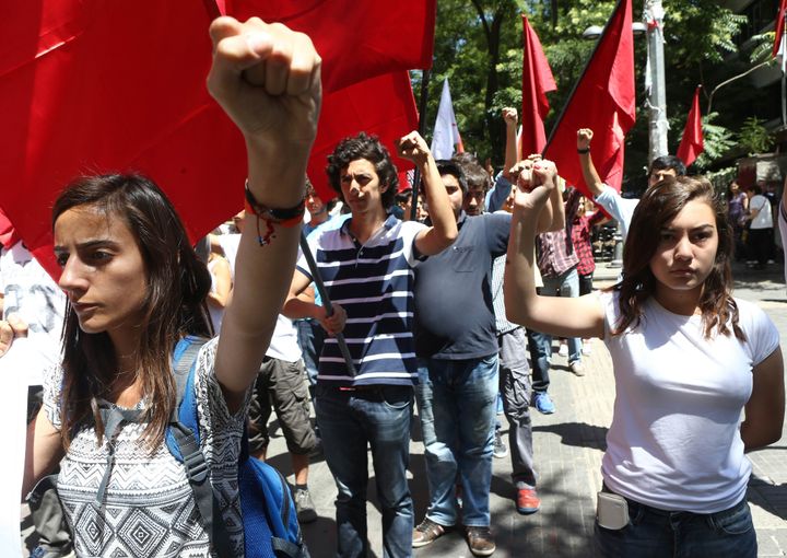 High school students denounce a suicide bombing in Suruc during a demonstration in Ankara, Turkey, on July 23, 2015.