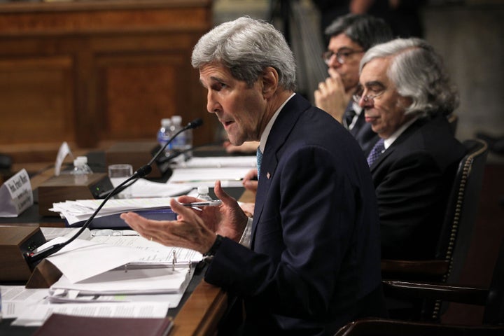 Secretary of State John Kerry, Treasury Secretary Jacob Lew and Energy Secretary Ernest Moniz testify during a hearing on Iran before the Senate Foreign Relations Committee.