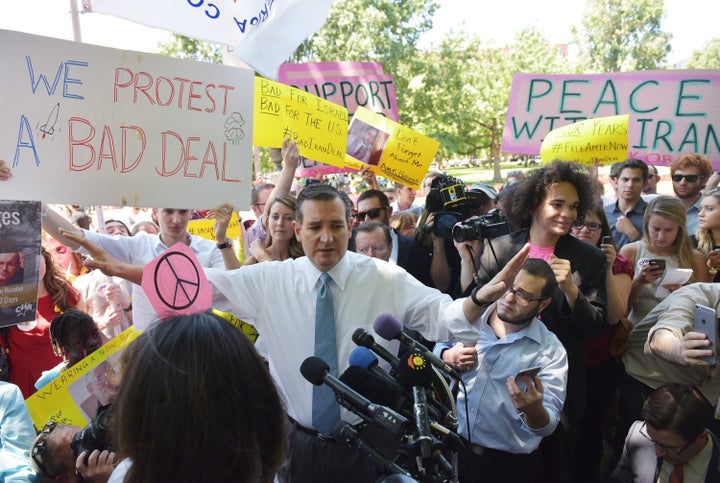 <span>Sen. Ted Cruz (R-Texas) speaks on the Iran nuclear deal in Lafayette Square, across from the White House, on July 23, 2