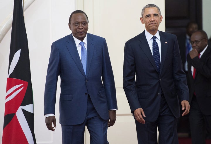 President Barack Obama spoke out forcefully in favor of LGBT equality during a press conference with Kenyan President Uhuru Kenyatta (L) in Nairobi on Saturday.