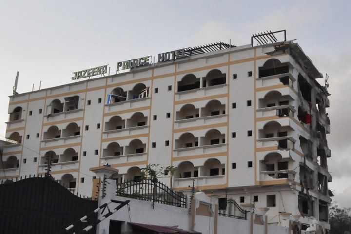 A picture taken on July 26, 2015 shows the damaged Jazeera Palace hotel following a suicide attack in Mogadishu.