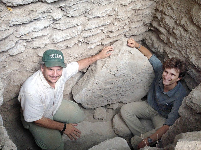 <p><span style="font-family: Arial, Helvetica, sans-serif; font-size: 14px; line-height: 20px; background-color: #eeeeee;">Marcello Canuto (left), director of Tulane University's Middle American Research Institute, with Luke Auld-Thomas, a Tulane anthropology graduate student who discovered the Maya stela.</span></p>