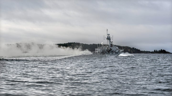 Swedish corvette HMS Stockholm patrols at Jungfrufjarden in the Stockholm archipelago on October 20, 2014. 