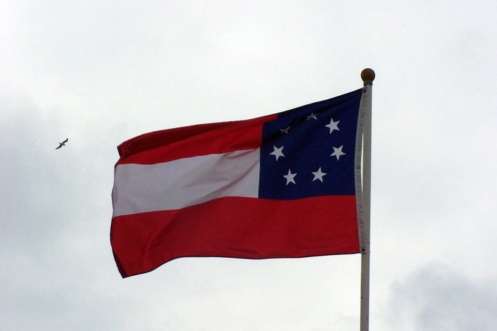 <p>The first national flag of the Confederacy, seven-star version. This image does not depict the flag flying on the Walton County Courthouse grounds.</p>