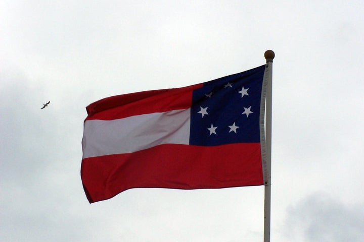 The first national flag of the Confederacy, seven-star version. This image does not depict the flag flying on the Walton County Courthouse grounds.