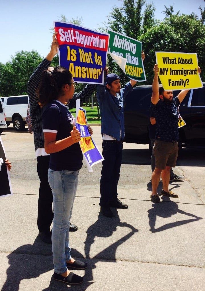 Jorge Quintana, center, says he joined protesters from Mi Familia Vota after being denied entry to the Valley View Recreation Center in Henderson, Nevada, on June 27.