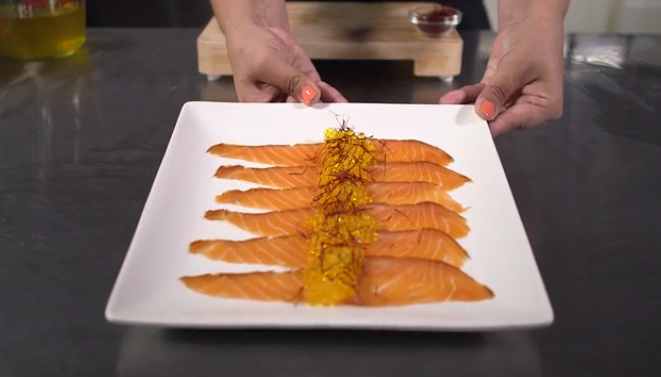 <p>Saffron pearls on smoked salmon.</p>