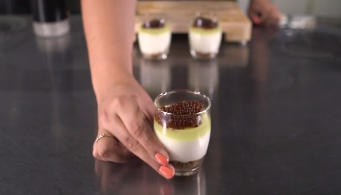 <p>Coffee liqueur beads in dessert.</p>
