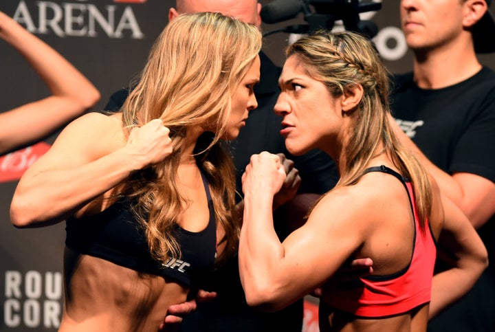 Ronda Rousey and Bethe Correia face off during the UFC 190 weigh-in inside HSBC Arena on July 31, 2015 in Rio de Janeiro, Brazil.