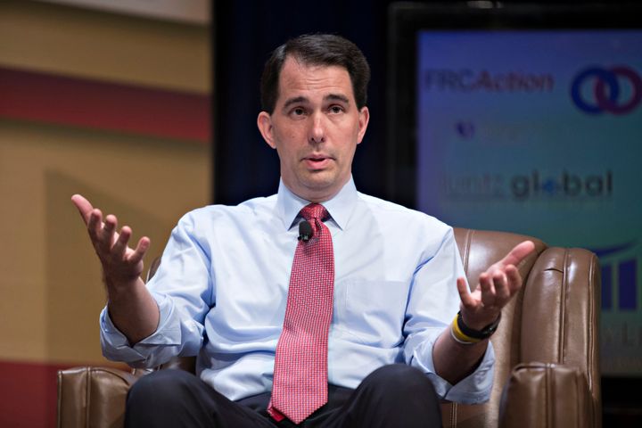 Scott Walker speaks during a private gathering of influential Republican donors hosted by the Koch brothers.