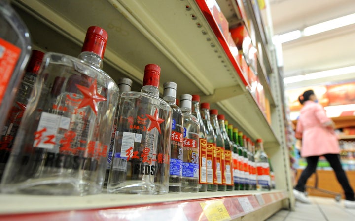 Bottles of baijiu are displayed at a store in Beijing on October 18, 2011. Ask any Westerner what they think is the world's most popular spirit, and they're unlikely to name -- or even to have heard of -- the lethally strong Chinese grain alcohol, baijiu. 