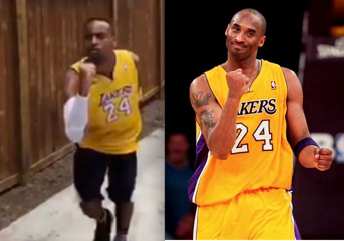 Brandon Armstrong impersonating Kobe Bryant (L), and the player himself (R).