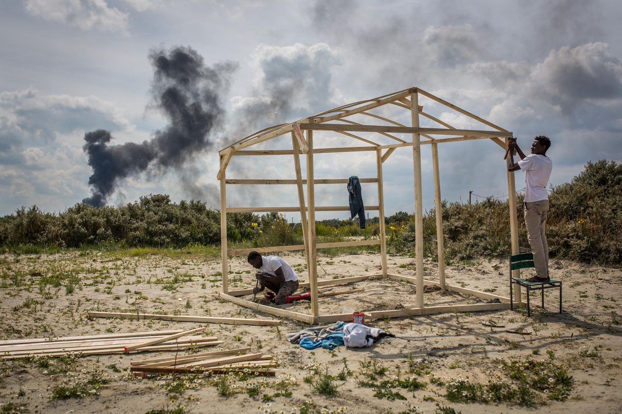 Gamal and Sabry from Sudan build a wooden structure at a make shift camp near the port of Calais on July 31, 2015. 