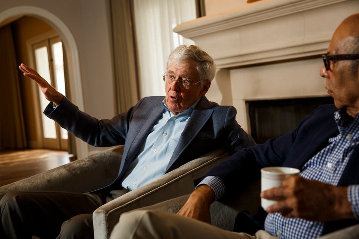 Charles Koch and Dr. Michael Lomax, of the United Negro College Fund, speak during an interview with the Washington Post at the Freedom Partners Summit in Dana Point, California.