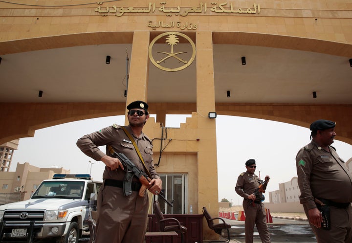 Members of the Saudi Arabia Border Police stand guard at the border crossing of the Saudi Arabia-Yemen border near the town o