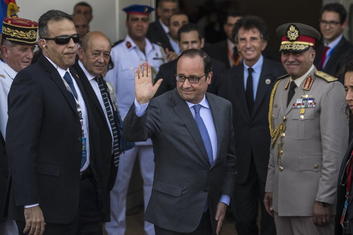 French President Francois Hollande arrives for the opening ceremony of the New Suez Canal in Ismailia, Egypt, on Aug. 6, 2015.