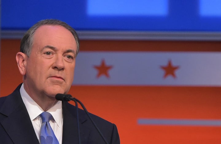 Former Arkansas Gov. Mike Huckabee at his podium on Thursday at the Republican debate in Cleveland, Ohio.