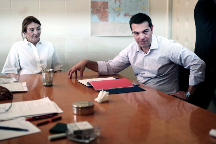 Greek Prime Minister Alexis Tsipras meets with Minister of Immigration Tasia Christodoulopoulou at the Ministry of Interior in Athens, Greece, on Aug. 7, 2015.