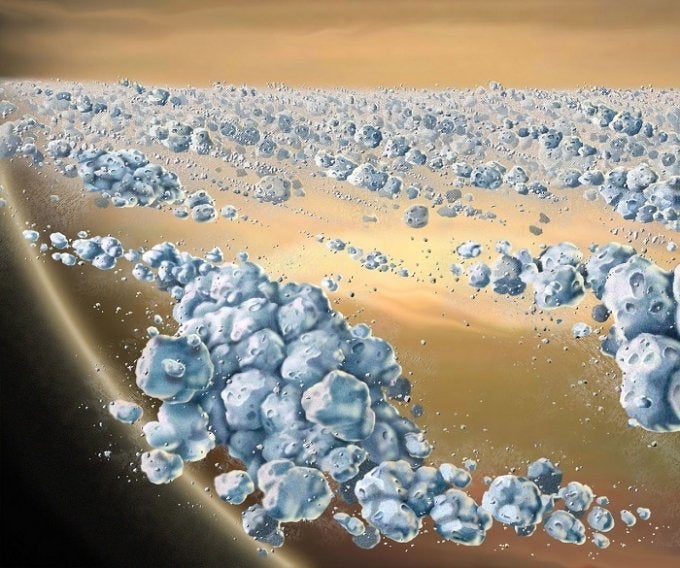 <span>This is an artist concept of a close-up view of Saturn's ring particles. </span>