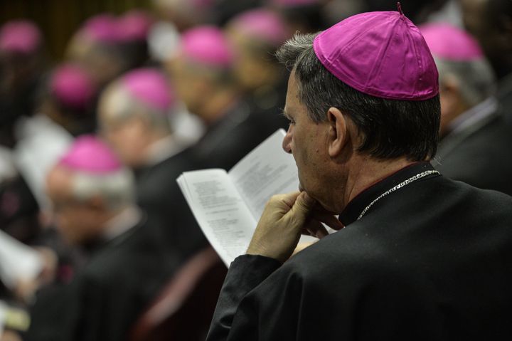 A Bishop watches as Pope Francis delivers his speech during the Synod on the Families, to cardinals and bishops gathering in the Synod Aula, at the Vatican, on October 6, 2014.