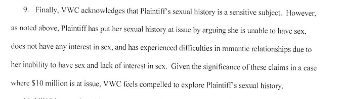 An excerpt from a court filing by Virginia Wesleyan College asking for a rape victim's sexual history. 