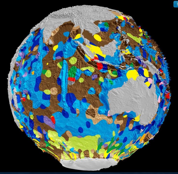 This is a still shot of a digital map of the seafloor's geology. 