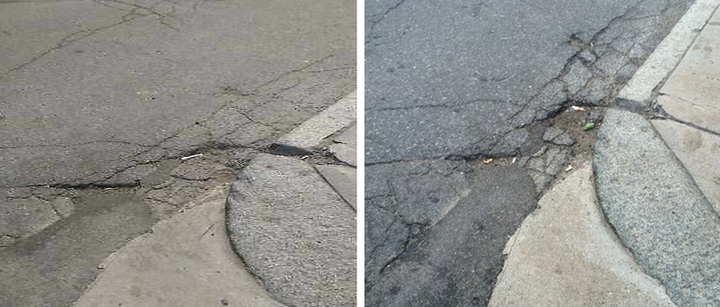 Left photo: City crews reported filling this pothole on Tremont June 19. Right photo: NECIR took this photo of the same pothole July 8.