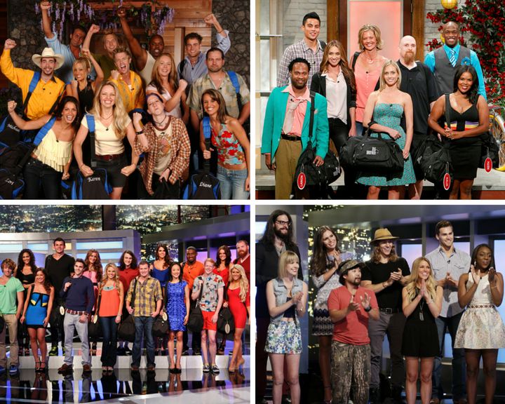 Clockwise from top left: The casts of Seasons 5, 13, 15 and 17 pose before their first nights in the "Big Brother" house begin.