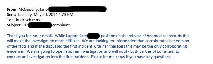 An email from a university administrator handling the case to the attorney representing the female student who reported being