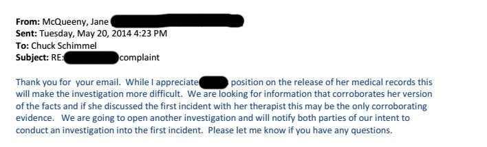 An email from a university administrator handling the case to the attorney representing the female student who reported being sexually assaulted by a male classmate. 