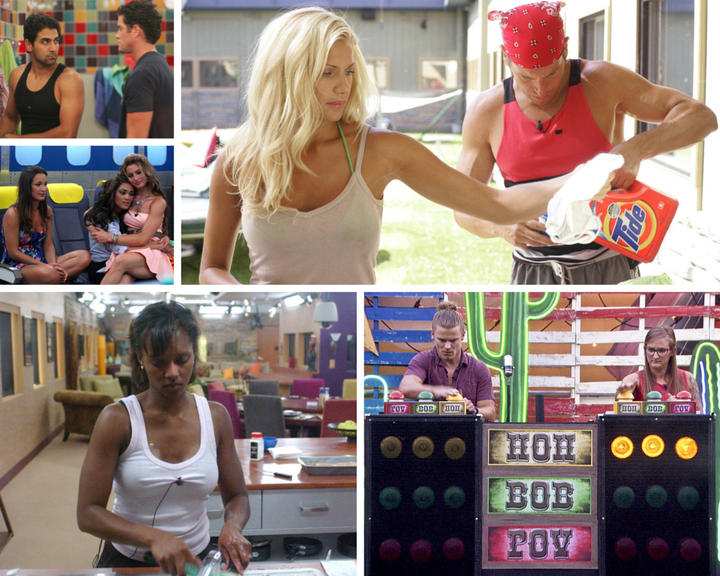 Clockwise from top left: Kaysar and Michael; Janelle and Howie; Hayden and Christine; Danielle; and Jessie, Candice and Elissa spend time in the "Big Brother" house.