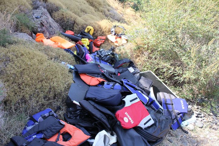 <p>Life jackets used by Syrian refugees who made the dangerous dinghy trip from Turkey are thrown out near the port of Molyvos on Lesbos island.</p>