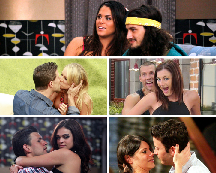 Clockwise from top: Amanda and McCrae, Brendon and Rachel, Sarah and James, Jeremy and Kaitlin, and Jeff and Jordan engage in "Big Brother" showmances.