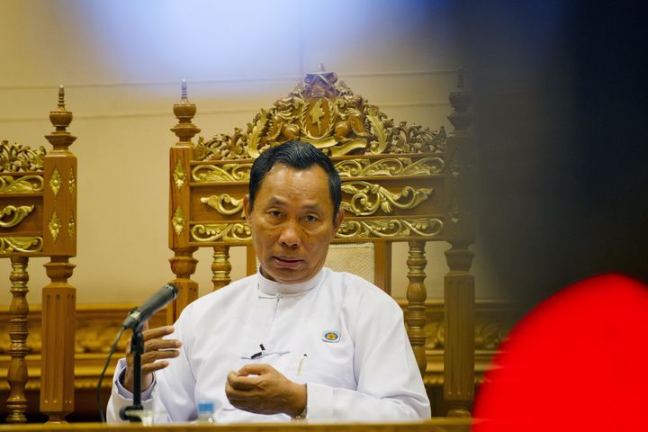 Shwe Mann talks to the media in the parliament in Naypyitaw, Myanmar, on Feb. 11, 2015.