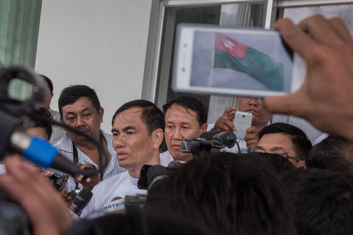 A senior USDP member holds a press conference in Naypitaw, Myanmar, on Aug. 13, 2015.